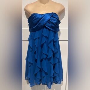 CACHE Blue Satin Chiffon Strapless Cascading Ruffles Dress size 4 Vintage